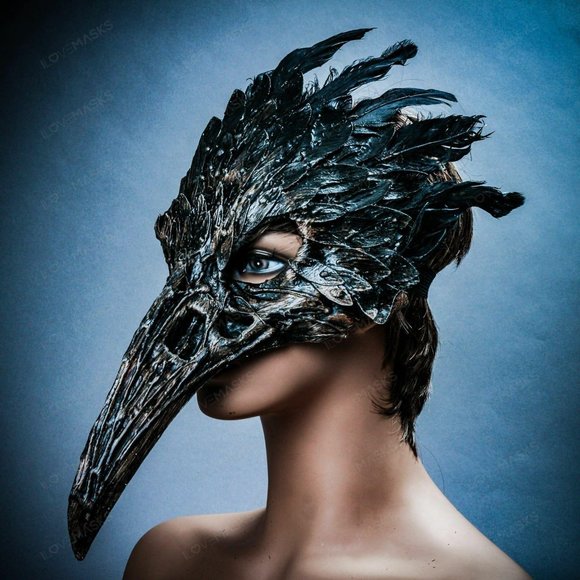 Brown Raven Skull Long Nose w/ Feather Party Mask - Picture 4 of 10